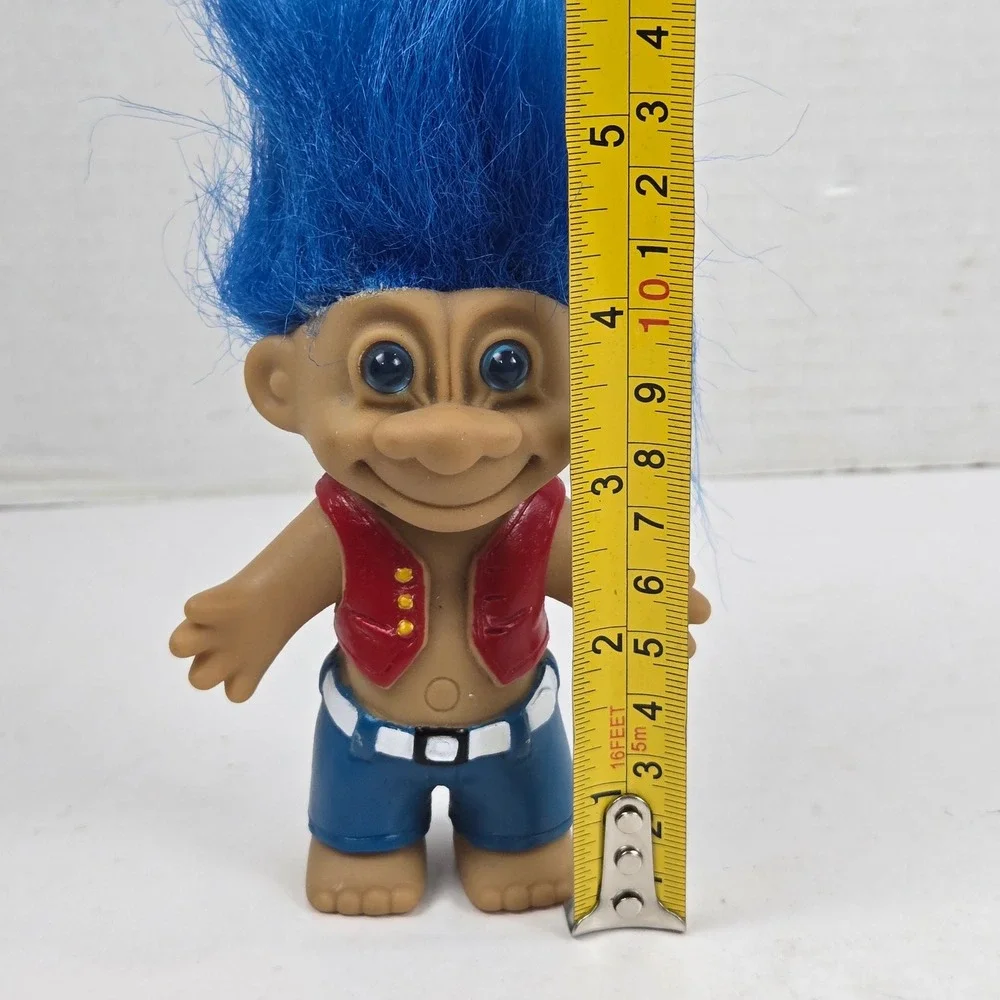 Vtg 90s Russ Berrie Troll Doll Hippie Stripper Blue Hair Red Vest Blue Shorts 4